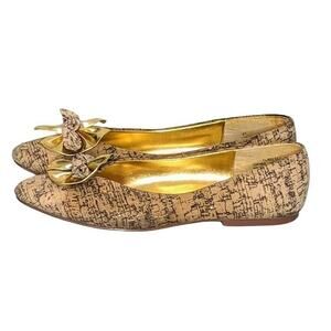 Cork Ballet‎ Flats 9 Gold Metallic Pointed Toe Bow Preppy Coquette 2for30nbv